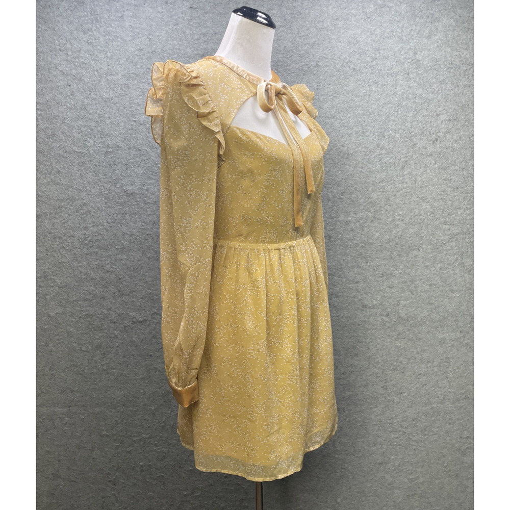 Lulus Yellow Floral Cutout Mini Dress Sz M Velvet Trim Long Slv Whimsy Romantic - Picture 3 of 13